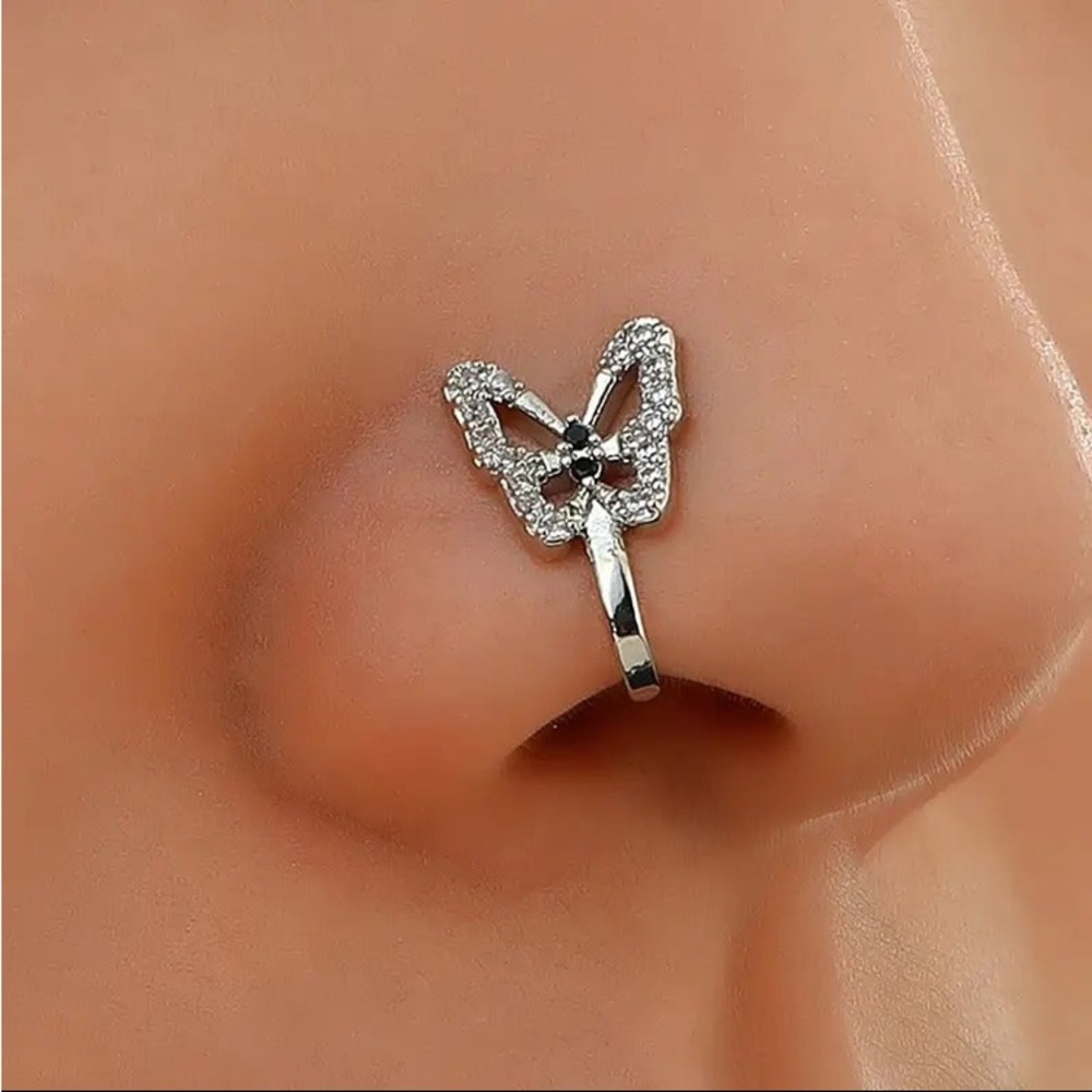 Butterfly  U-shaped Silvertone Nose Ring Simulated Piercing